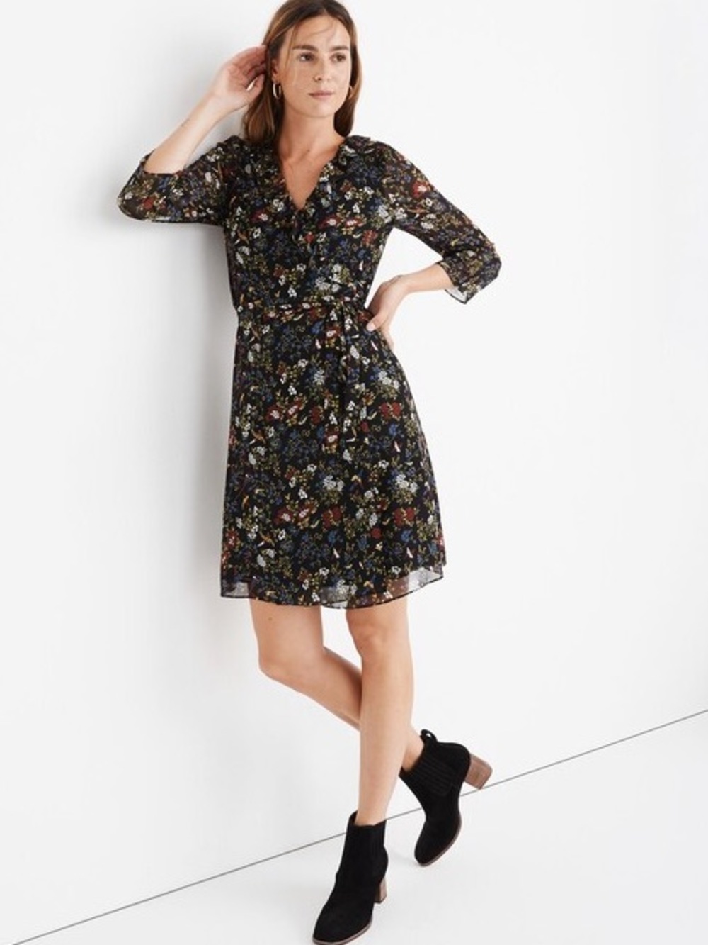 Madewell Sheer-Sleeve Ruffled Wrap Dress in Finch Floral Size Large NWOT